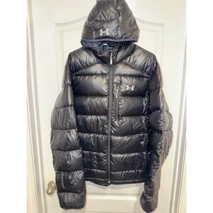 Under Armour ColdGear Mens Large Black Hooded Puffer Jacket Fitted Full Zip